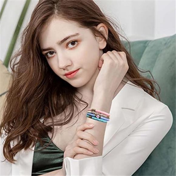 Surfer Heishi Clay Bead Bracelets for Women Bohemian Stackable Evil Eye Vinyl - Picture 6 of 8